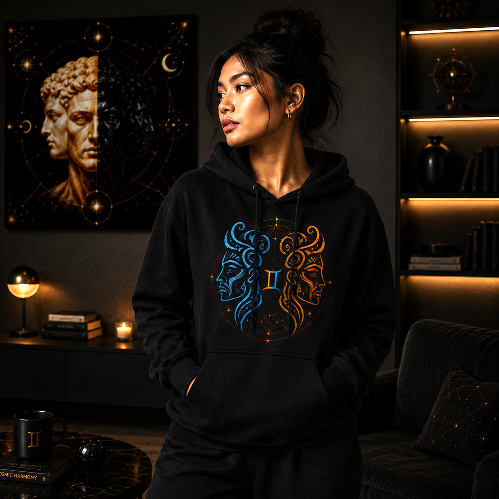 Mujer luciendo sudadera negra Géminis inspirada en la energía tribal y la dualidad zodiacal.