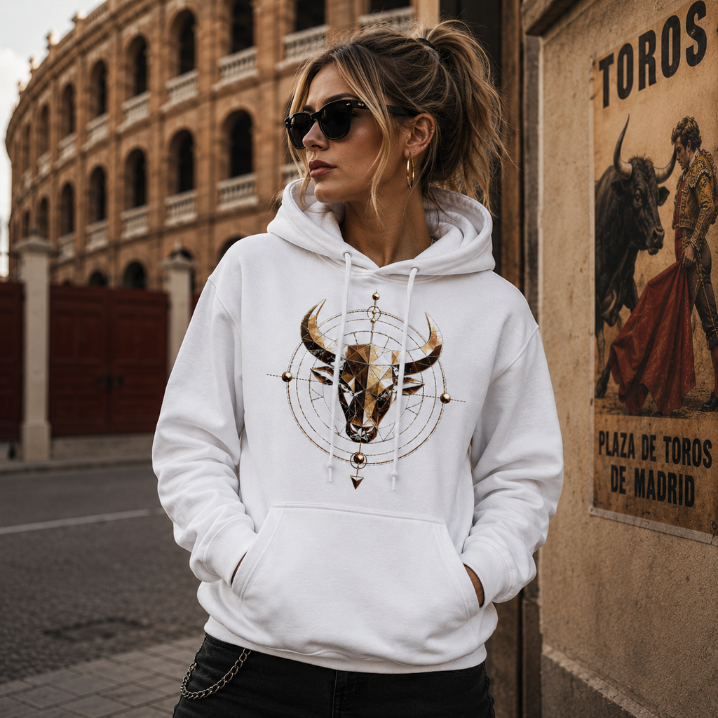Modelo luciendo sudadera blanca Tauro Geométrico con diseño exclusivo Astrálisis.