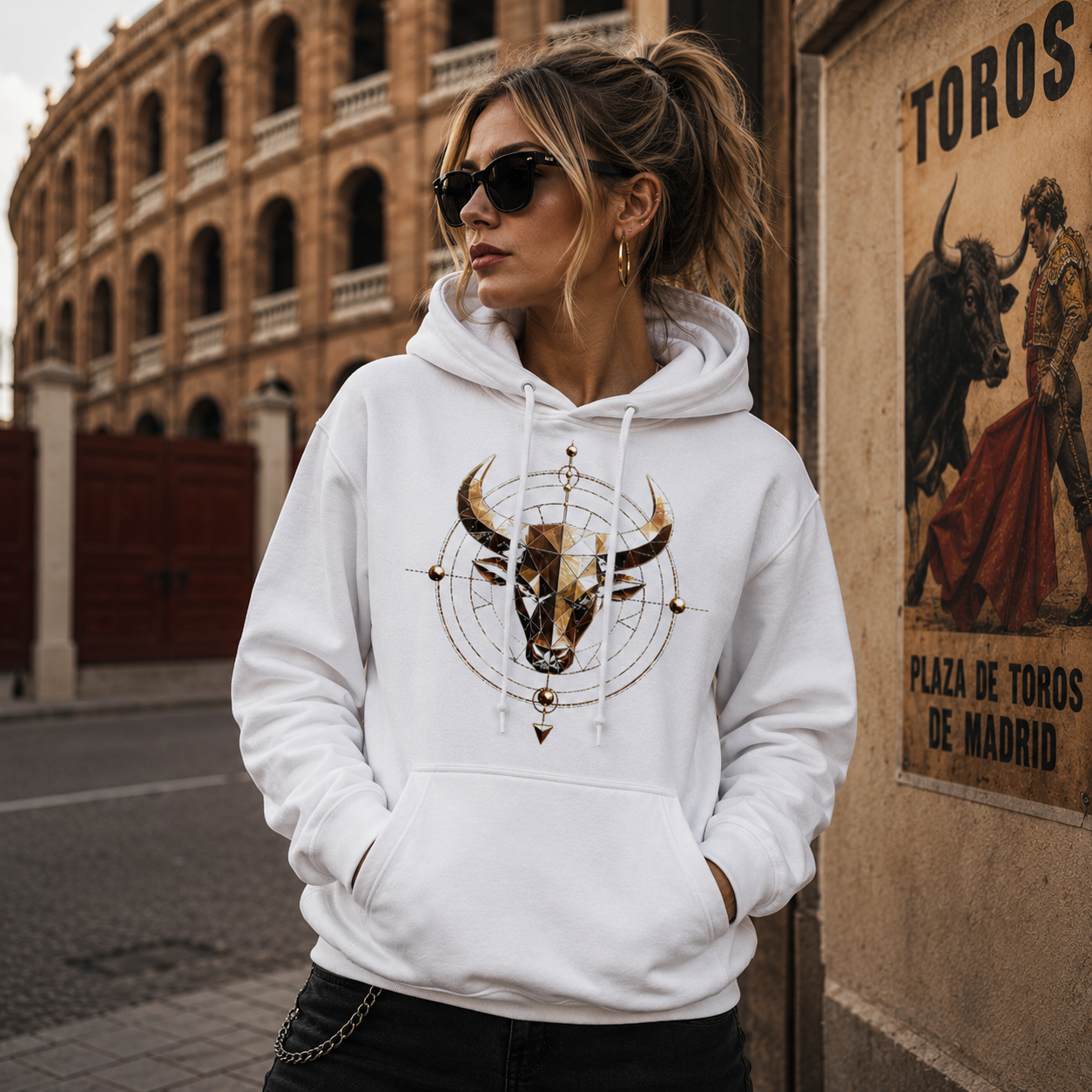 Modelo luciendo sudadera blanca Tauro Geométrico con diseño exclusivo Astrálisis.
