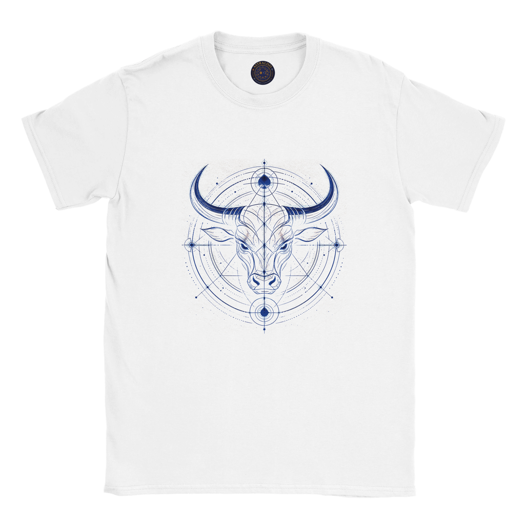 Camiseta blanca unisex con diseño Toro Azul inspirado en la energía de Tauro.