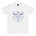 Camiseta blanca unisex con diseño Toro Azul inspirado en la energía de Tauro.