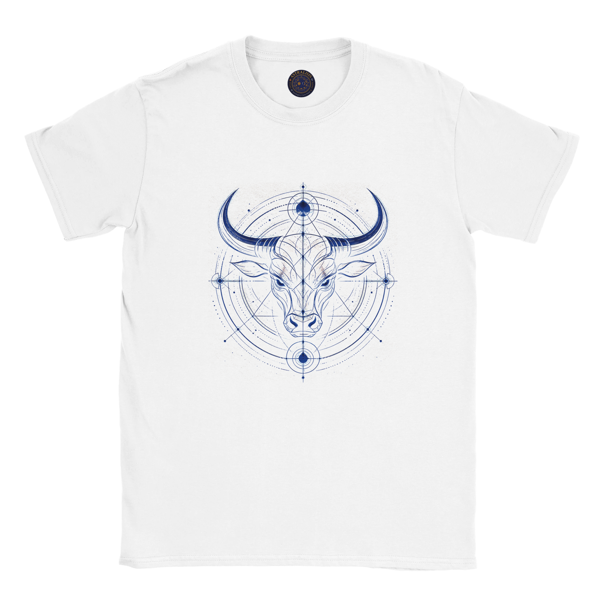 Camiseta blanca unisex con diseño Toro Azul inspirado en la energía de Tauro.