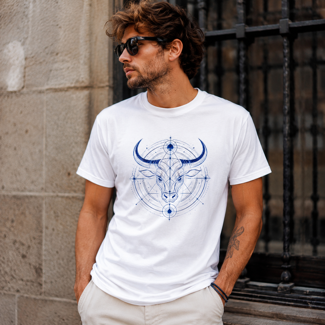 Modelo masculino luciendo camiseta blanca Toro Azul con diseño astrológico exclusivo Astrálisis.
