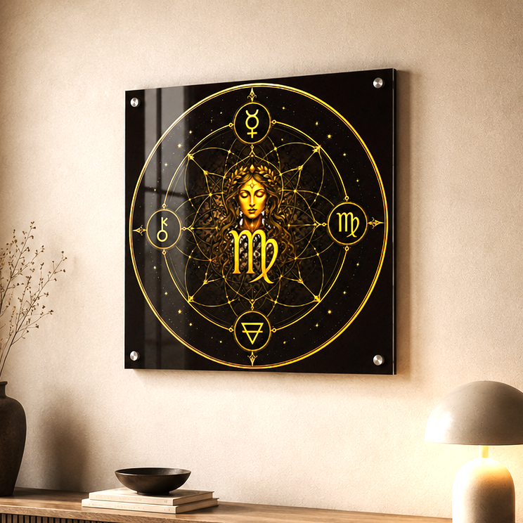 Diseño Virgo Profundo con geometría sagrada y símbolo zodiacal en composición circular dorada