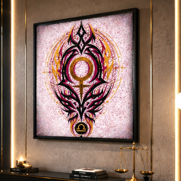Póster Libra Tribal enmarcado con símbolo de Libra y diseño ornamental