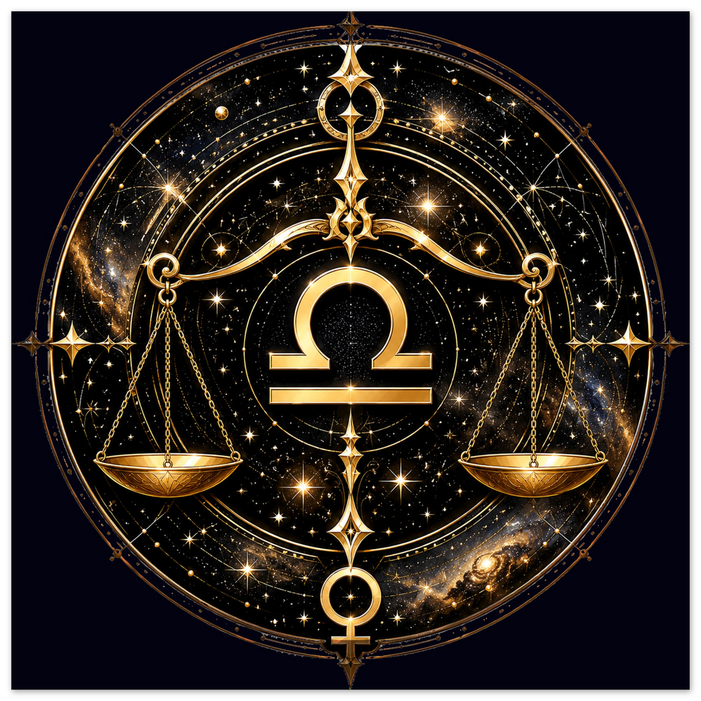 Arte zodiacal Libra Universal con balanza dorada y composición geométrica circular
