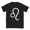Diseño símbolo Leo blanco sobre camiseta negra estilo minimalista moderno