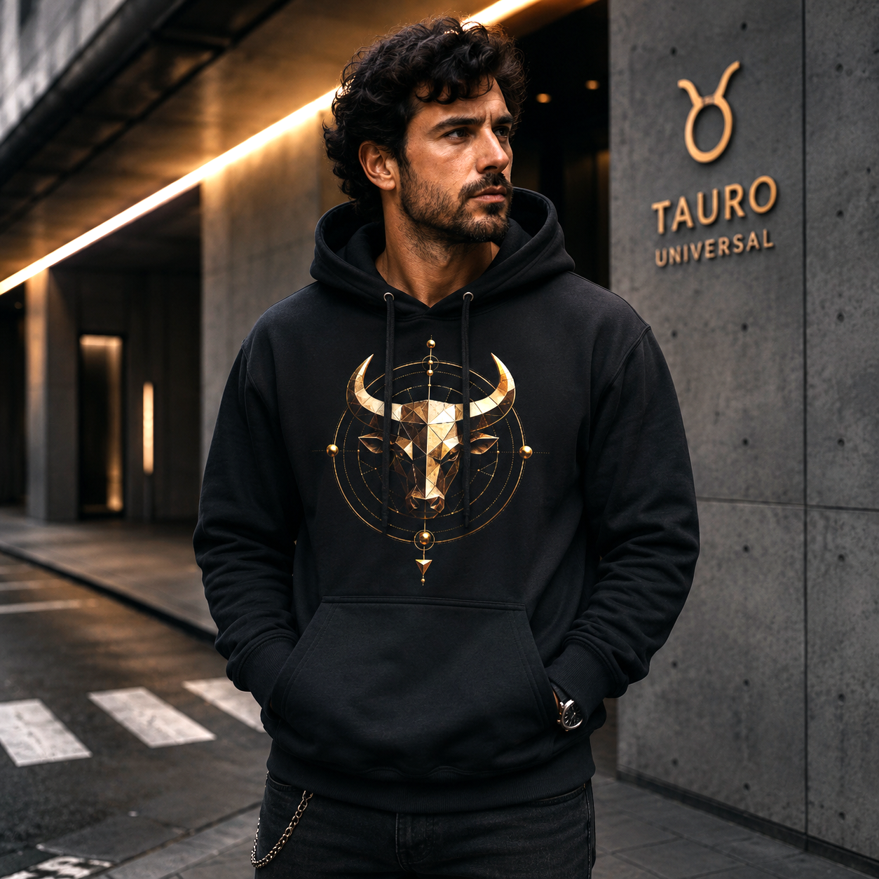Hombre vistiendo hoodie negro Tauro Geométrico con diseño zodiacal exclusivo Astrálisis.