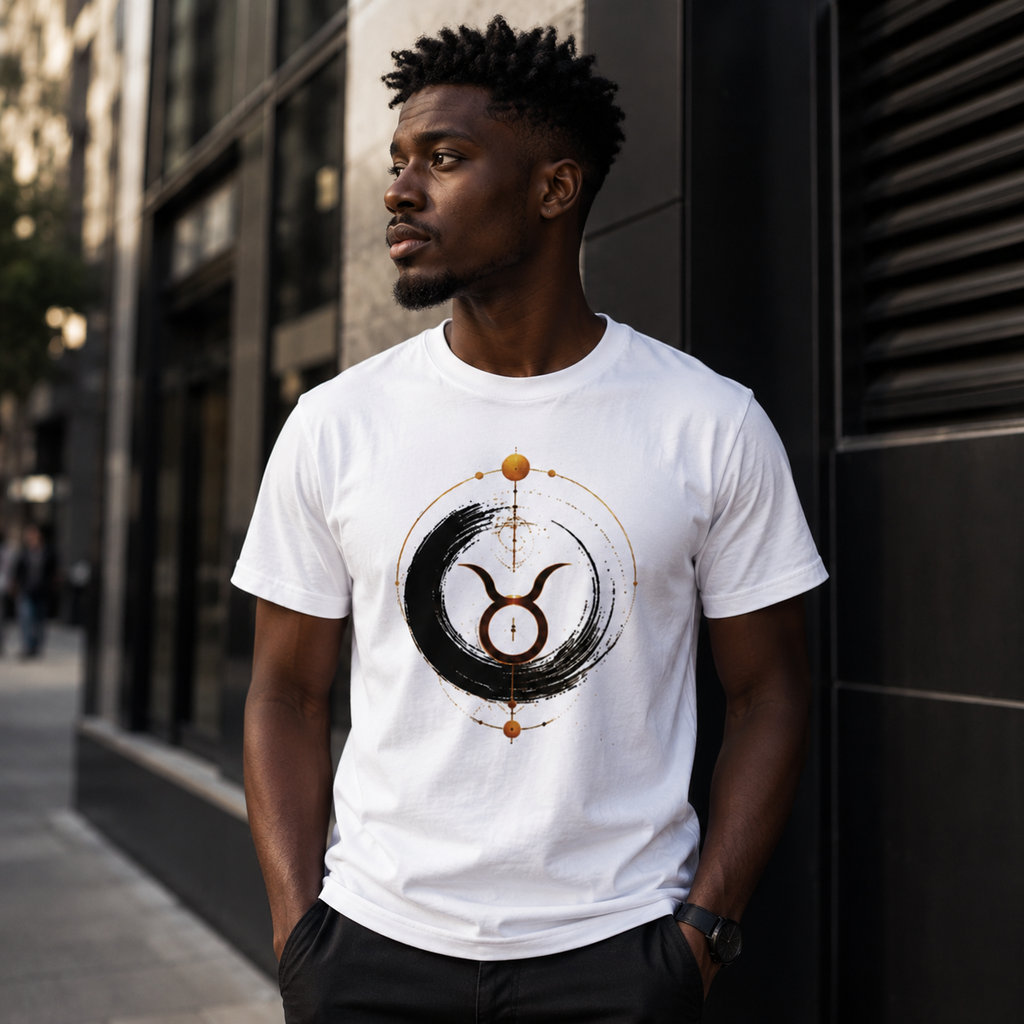 Hombre vistiendo camiseta blanca Anillo Tauro con diseño simbólico exclusivo Astrálisis.