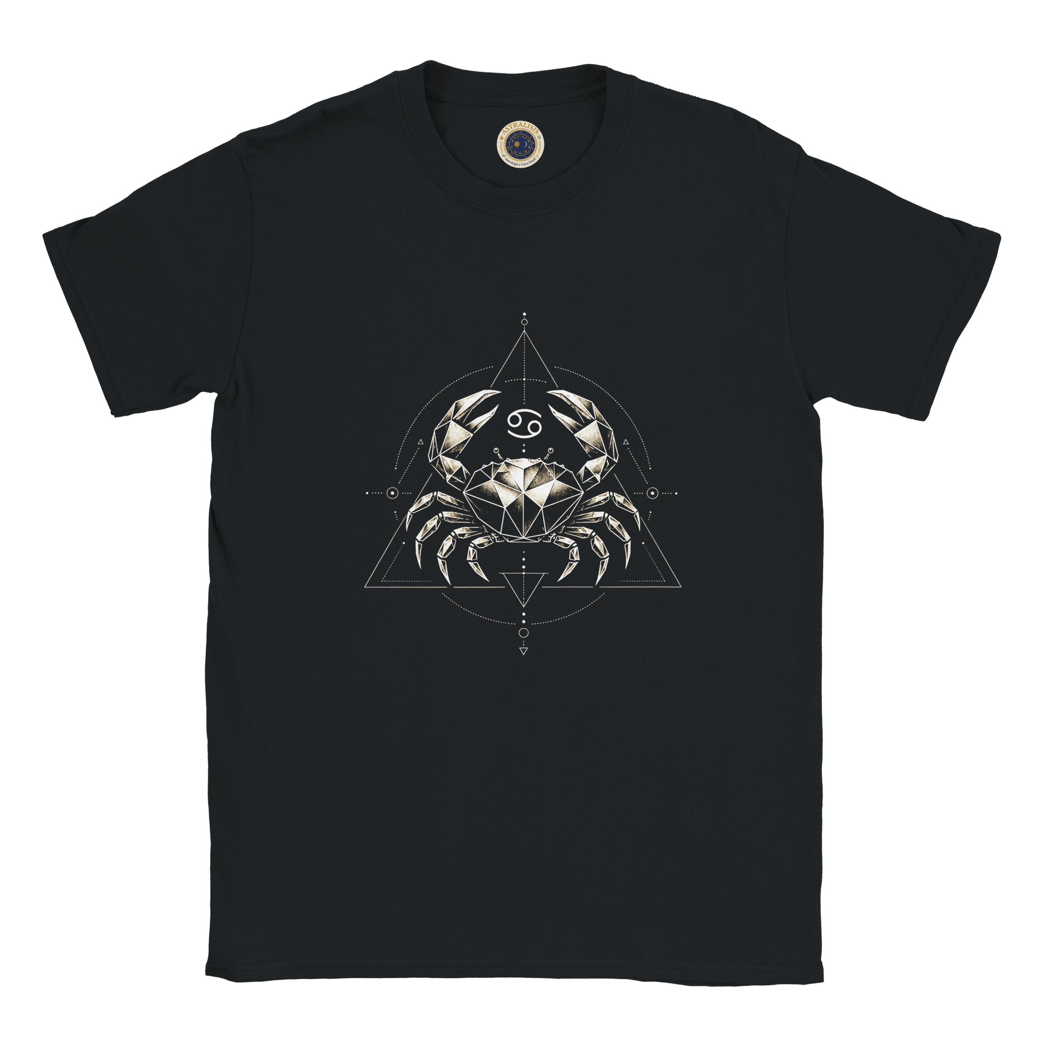camiseta negra cancer geometria sagrada detalle del diseño