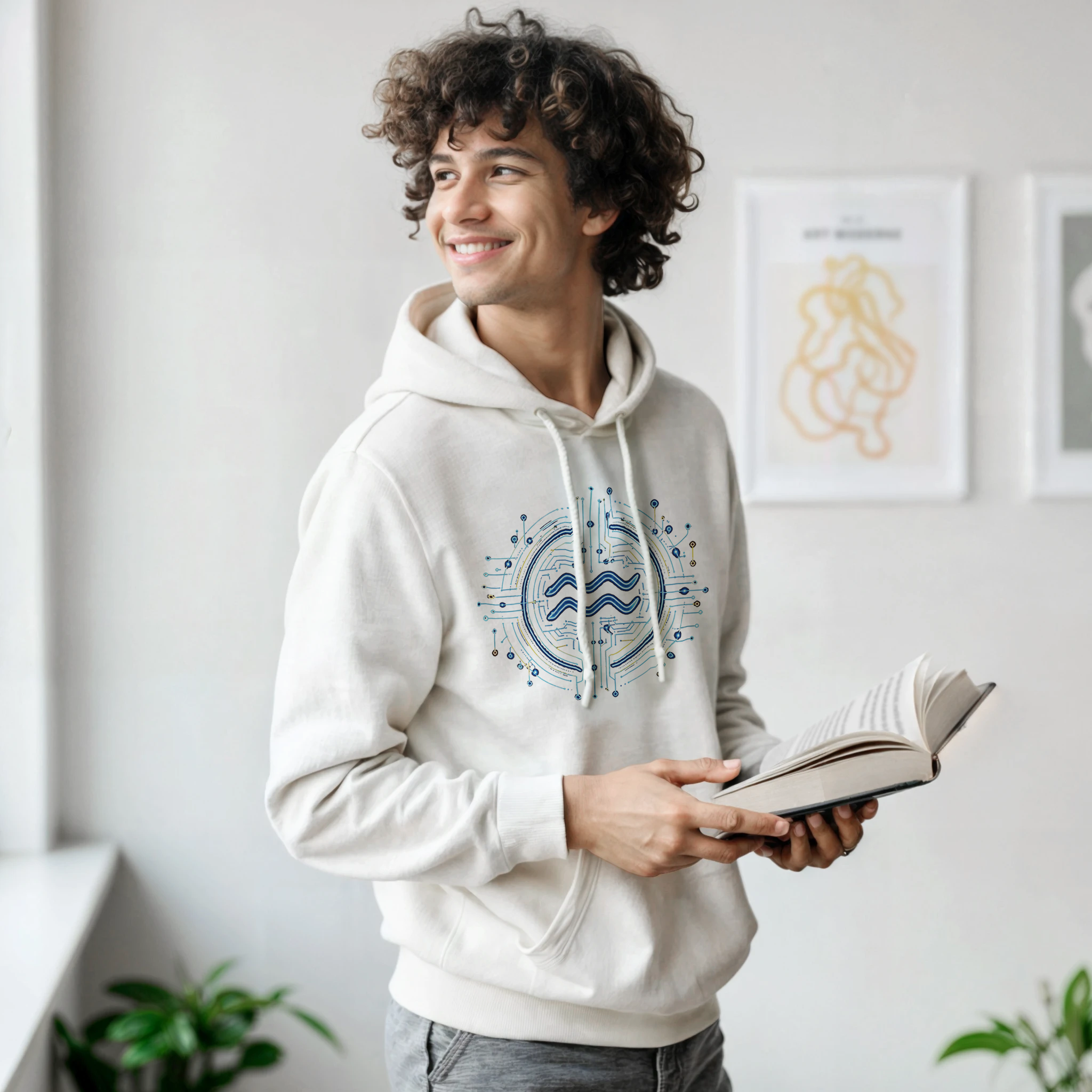 Hoodie astral futurista inspirado en Acuario y arte digital moderno