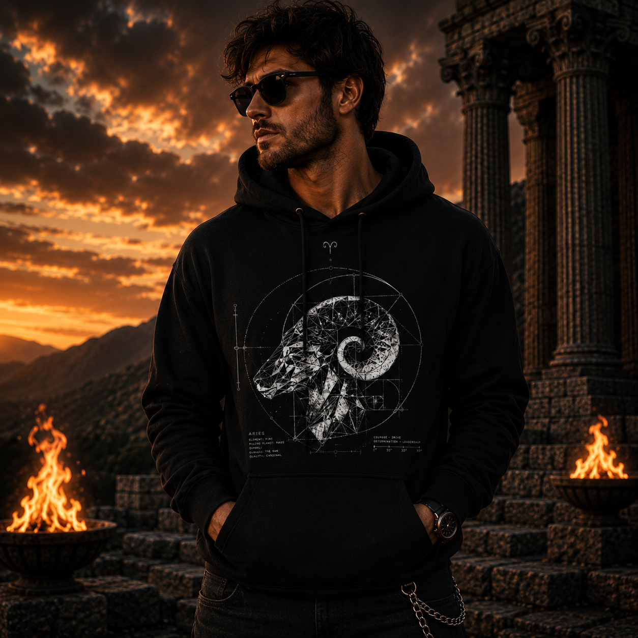 Modelo vistiendo hoodie negro Perfil Áureo Aries al atardecer