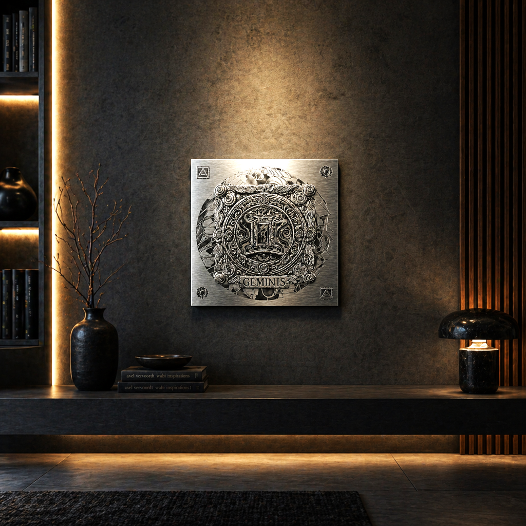Cuadro de metal Géminis con diseño ornamental en relieve sobre pared contemporánea