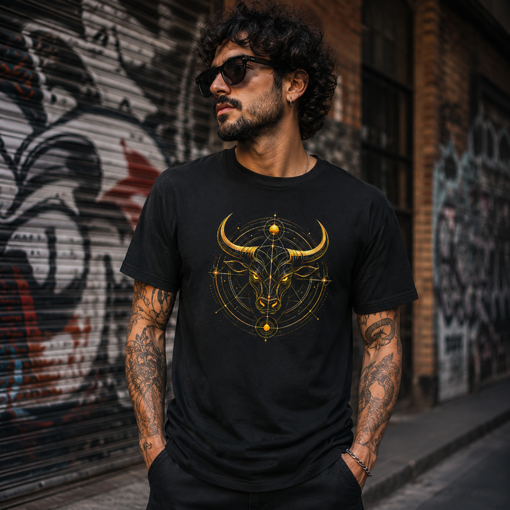 Hombre vistiendo camiseta negra Toro Dorado con ilustración artística inspirada en Tauro.