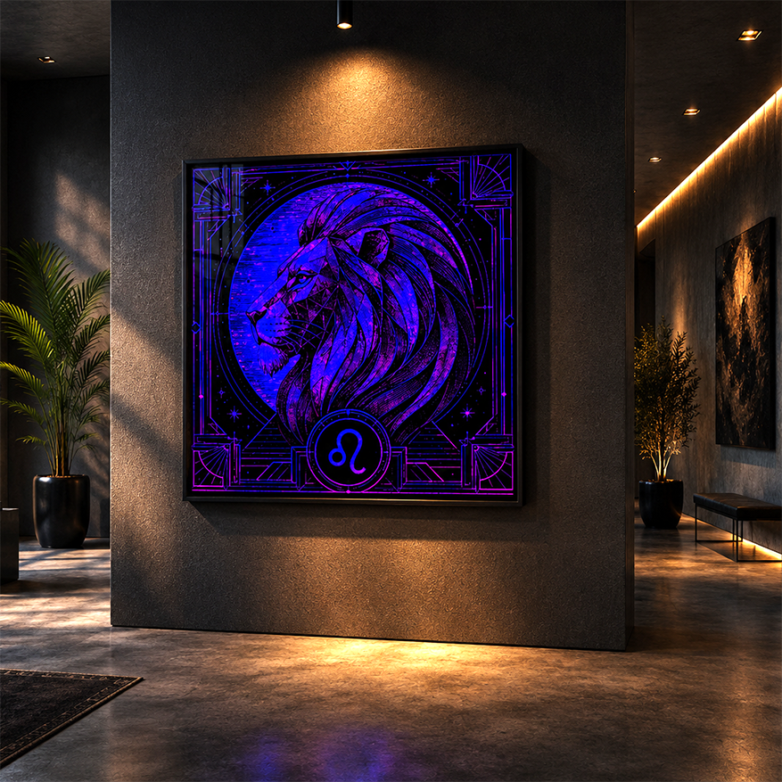 Poster Fine Art León de Hielo exhibido en espacio contemporáneo con iluminación arquitectónica y estética astral moderna