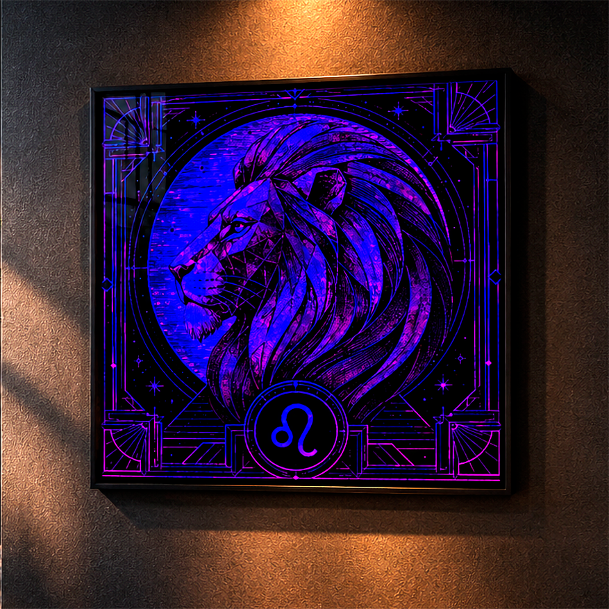 Poster Fine Art León de Hielo con león violeta estilizado, marco decorativo art déco y energía zodiacal de Leo