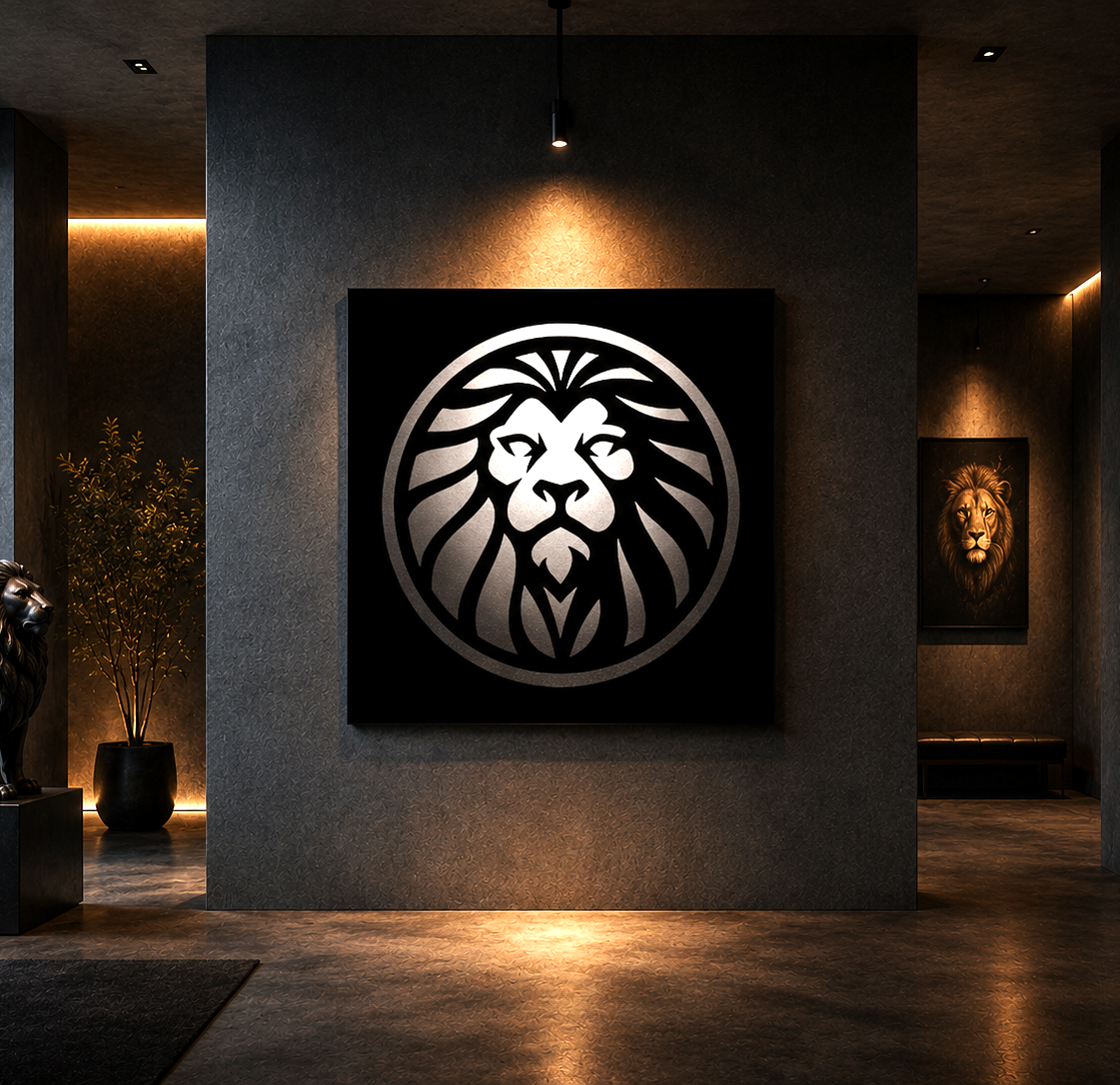 Panel metálico zodiacal Leo con emblema leonino en ambiente arquitectónico elegante