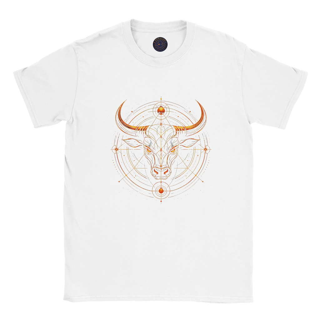 Camiseta blanca unisex con ilustración Toro Dorado inspirada en Tauro.