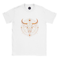 Camiseta blanca unisex con ilustración Toro Dorado inspirada en Tauro.