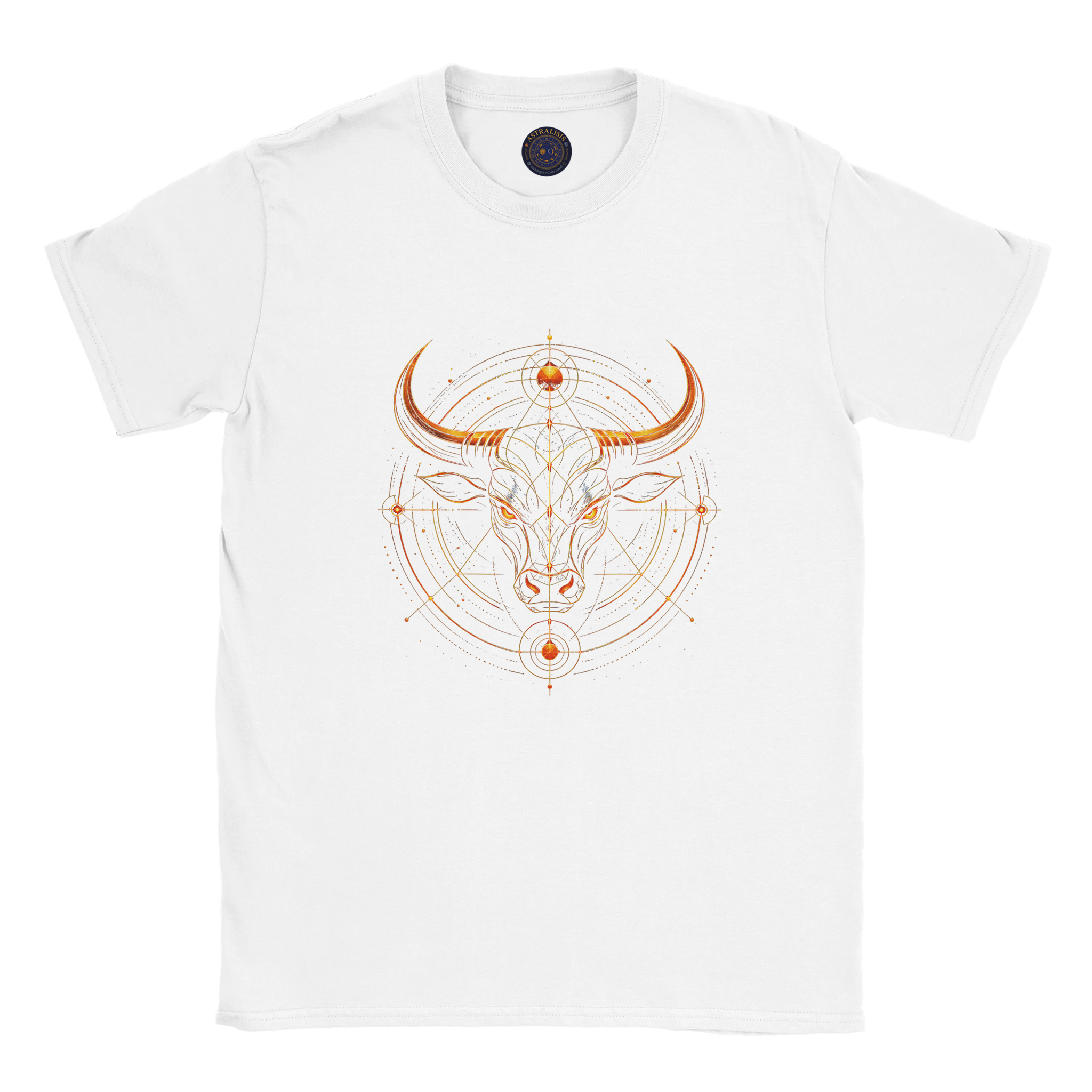 Camiseta blanca unisex con ilustración Toro Dorado inspirada en Tauro.