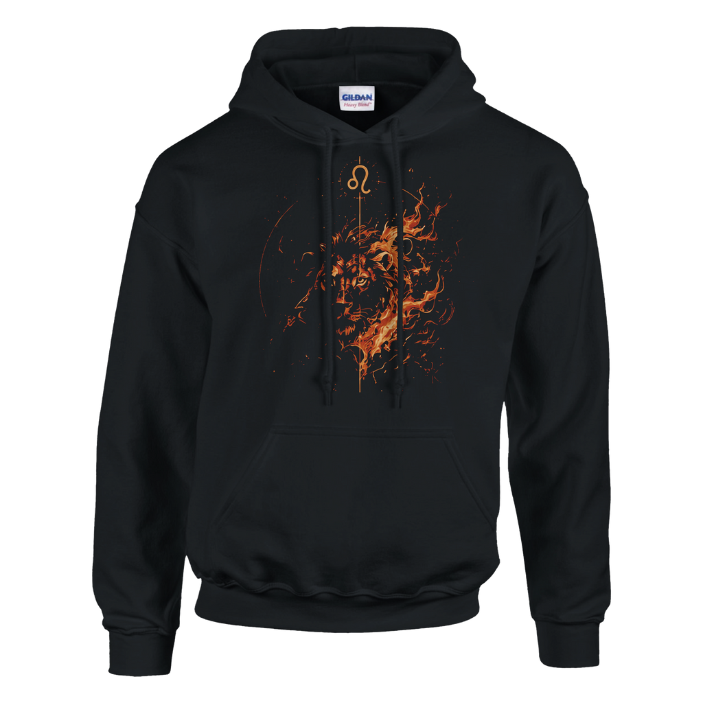 Vista frontal de hoodie negro Leo de Fuego con diseño leonino ígneo