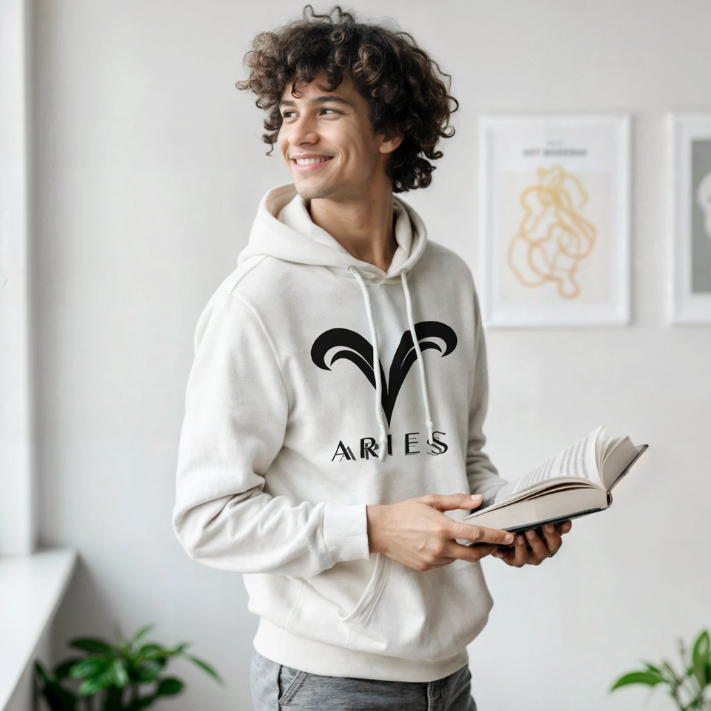 modelo vistiendo hoodie aries blanco estilo urbano moderno