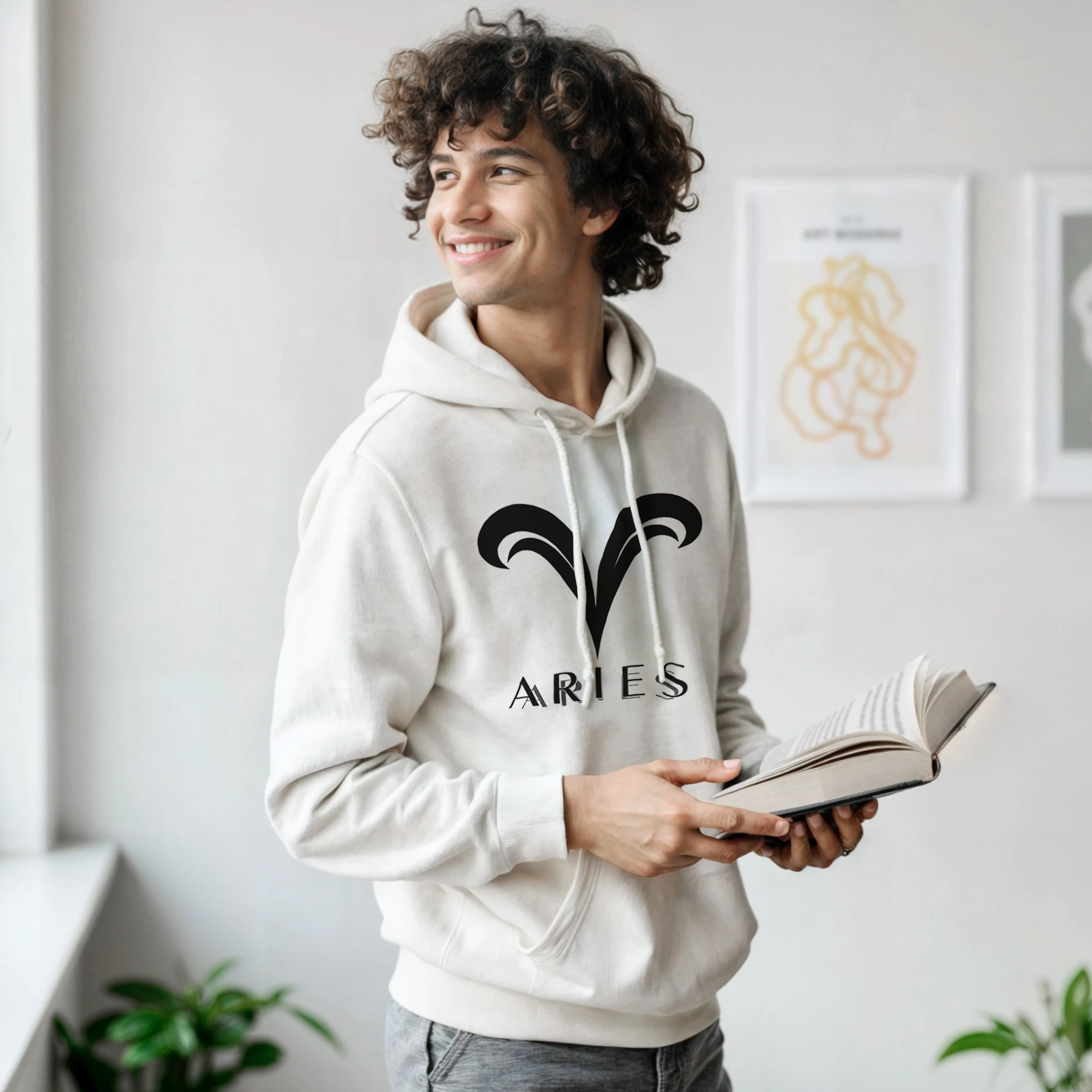 modelo vistiendo hoodie aries blanco estilo urbano moderno