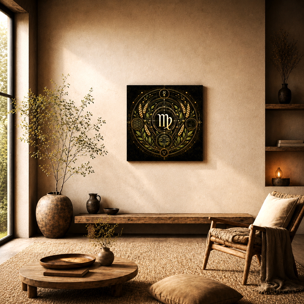 Canvas Fine Art Virgo Plenitud decorando un salón contemporáneo con geometría sagrada y símbolo de Virgo