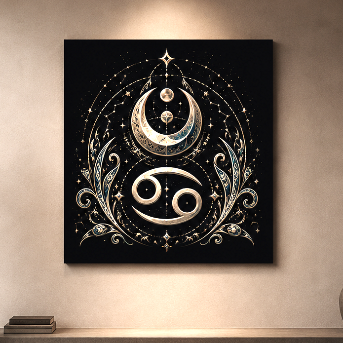 Canvas Fine Art Galaxia Cáncer con símbolo zodiacal y composición lunar sobre fondo oscuro