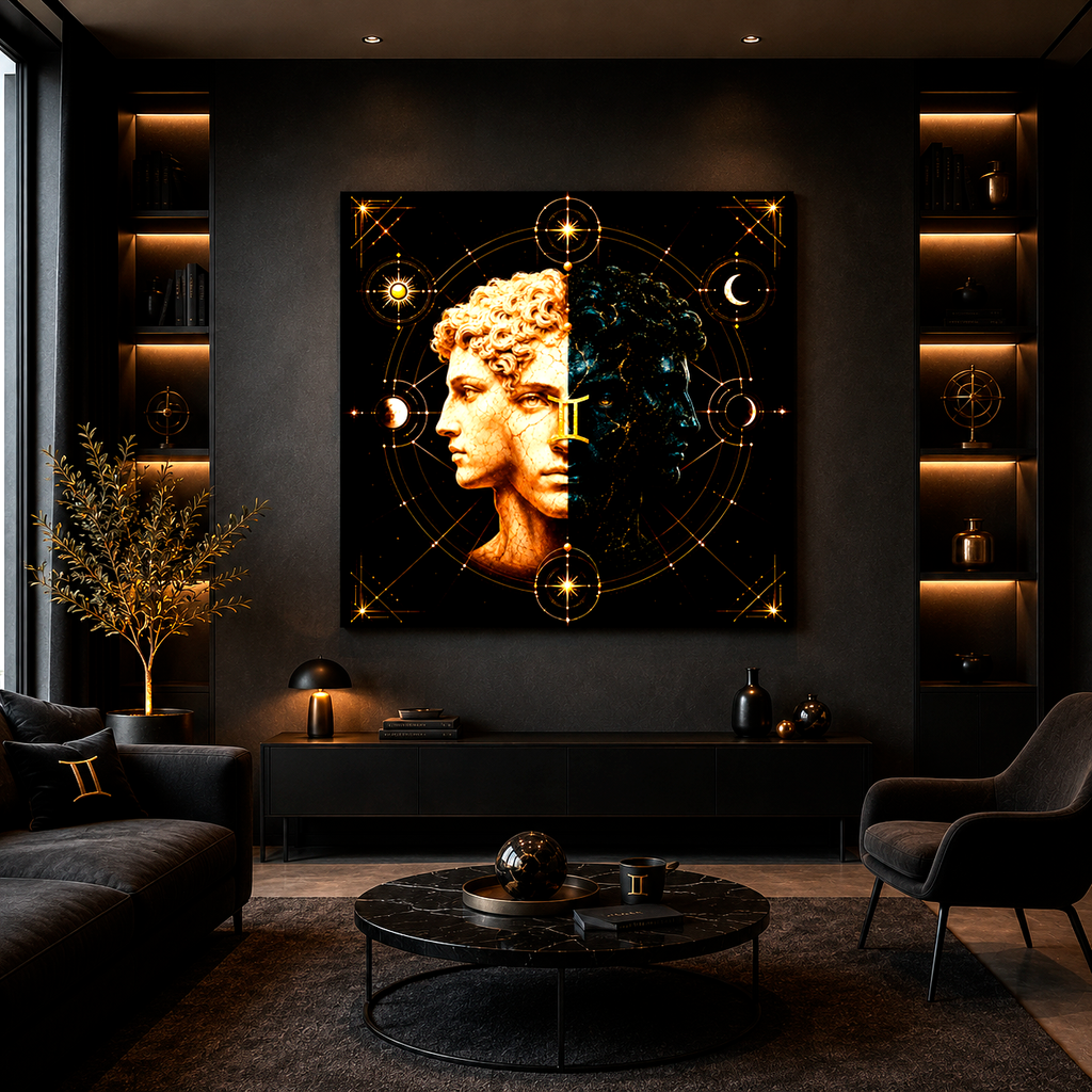 Vista frontal de Canvas Fine Art Identidad Geminiana con detalles dorados y composición zodiacal.