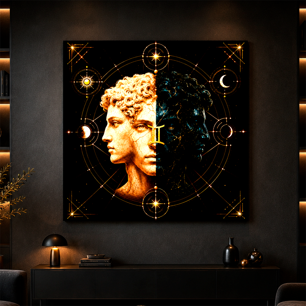 Canvas artístico Géminis con perfil clásico rodeado de geometrías astrales y símbolos celestes.