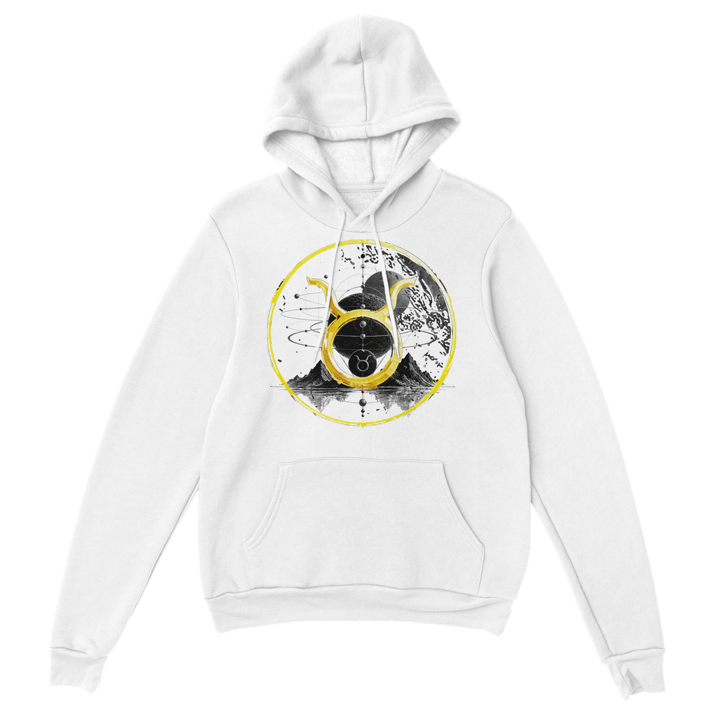 Sudadera blanca con capucha y diseño Conjunción Tauro impreso en alta definición.