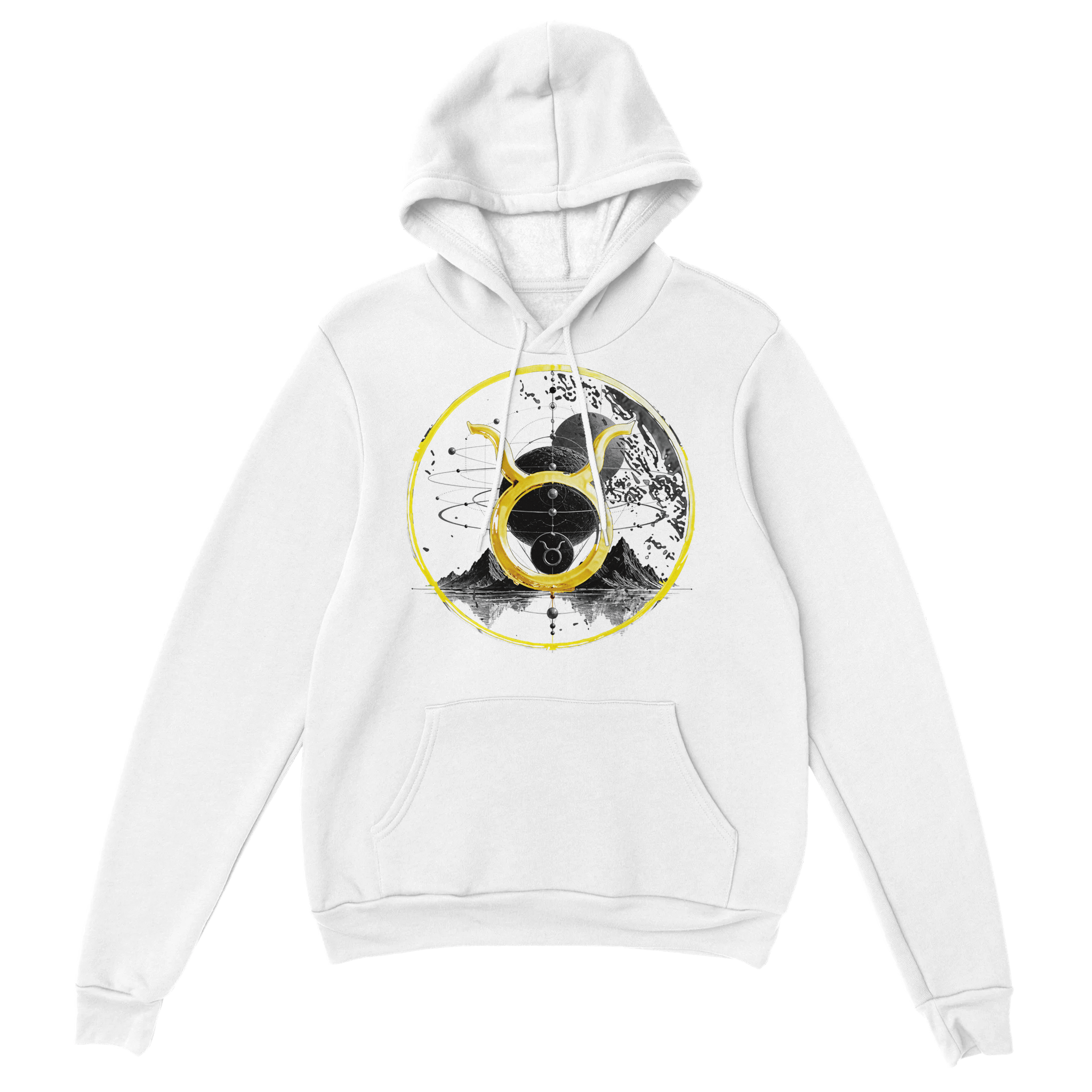 Sudadera blanca con capucha y diseño Conjunción Tauro impreso en alta definición.