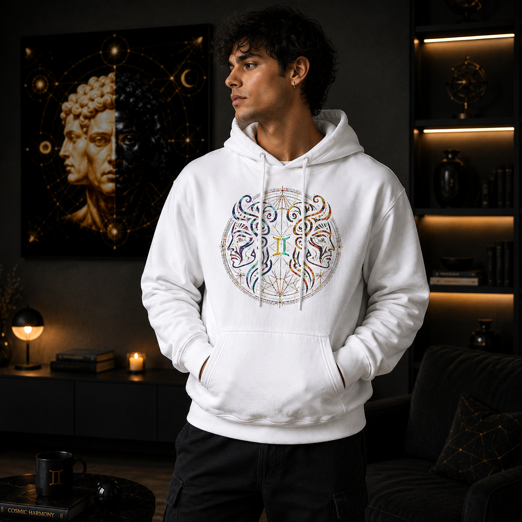 Hombre luciendo sudadera blanca Géminis con ilustración tribal contemporánea exclusiva de Astrálisis.