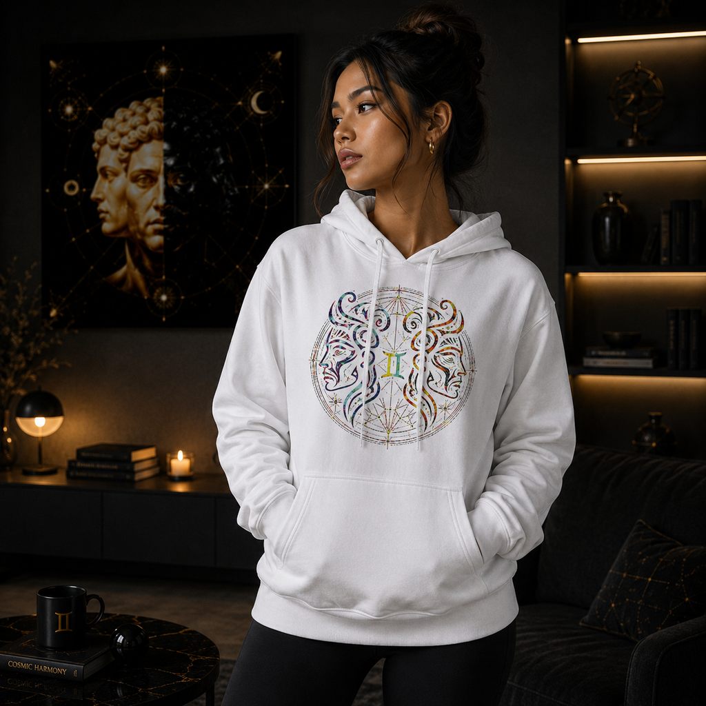 Mujer vistiendo Hoodie Blanco Tribalista Géminis con diseño artístico dual inspirado en la astrología.