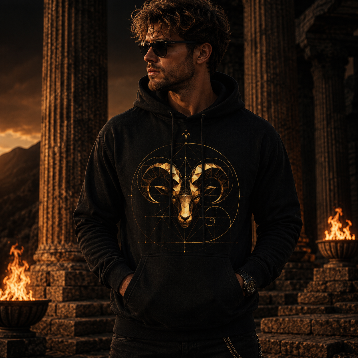 Modelo vistiendo hoodie negro Proporción Áurea Aries al atardecer