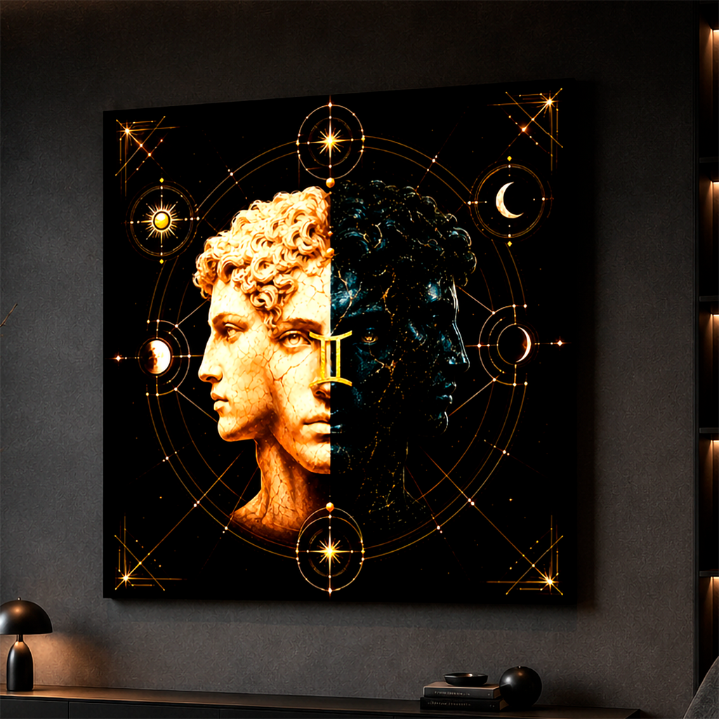 Canvas Fine Art Identidad Geminiana exhibido en interior moderno con iluminación cálida y decoración elegante.