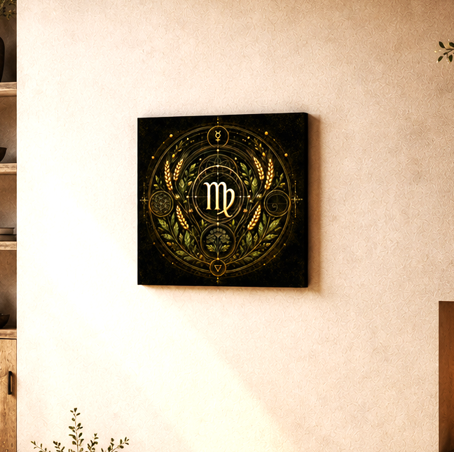 Diseño Virgo Plenitud con composición geométrica circular y símbolo zodiacal en tonos dorados.