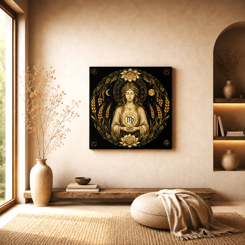 Vista diagonal del Canvas Fine Art Sacerdotisa y Símbolos Virgo mostrando la textura del lienzo Fine Art