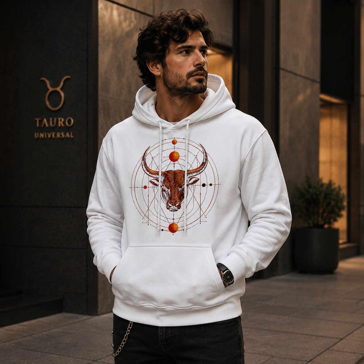 Hombre vistiendo hoodie blanco Tauro Sincronizado con diseño zodiacal exclusivo Astrálisis.