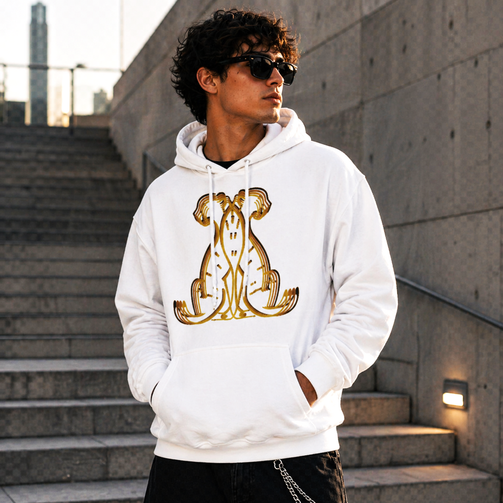 Hoodie blanco Géminis con diseño tribal simétrico estilo contemporáneo Astrálisis