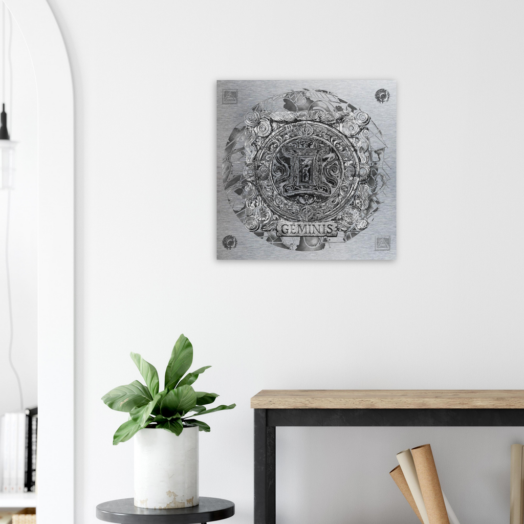 Decoración mural de Géminis en metal en ambiente minimalista y luminoso