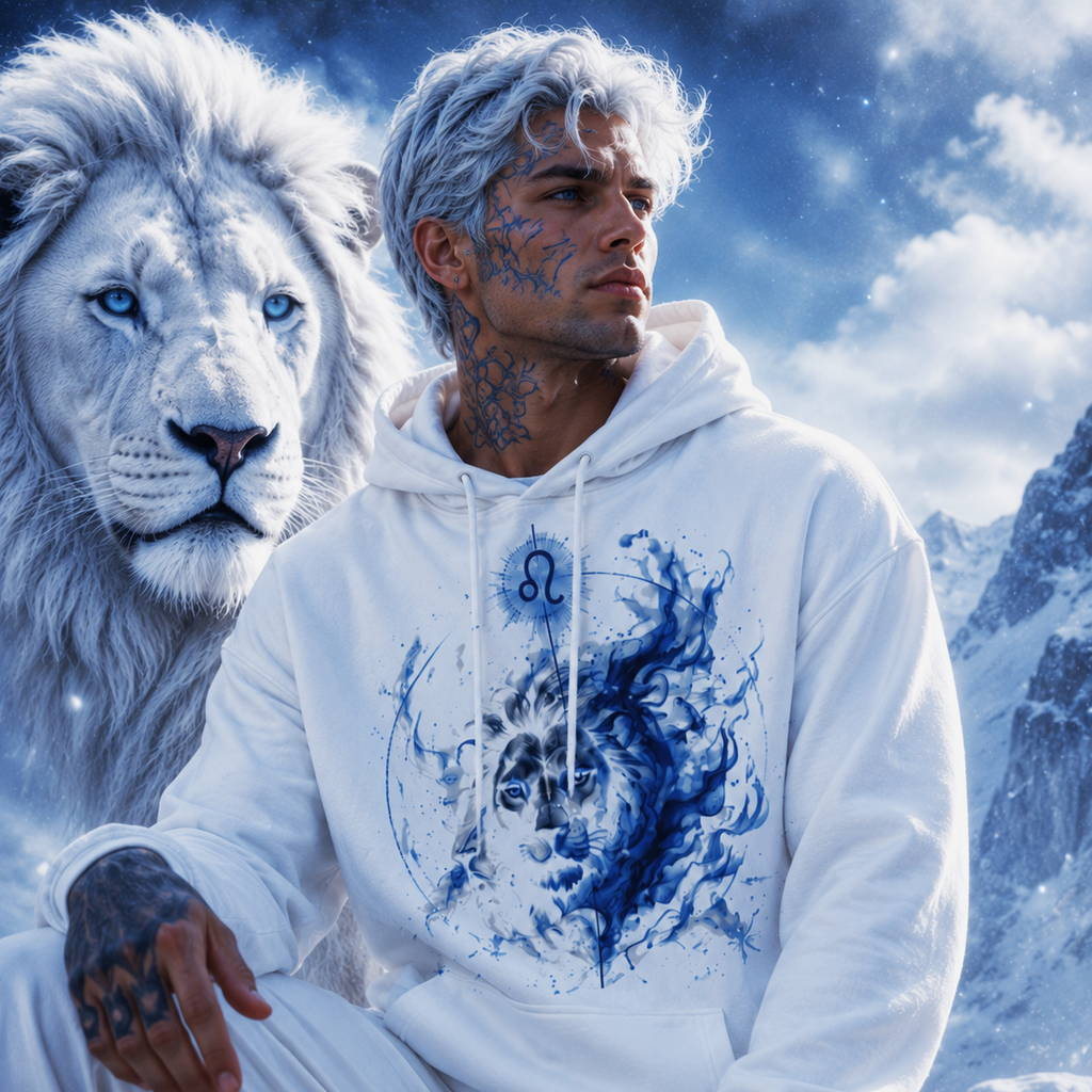 Hombre vistiendo sudadera blanca Leo Fantasmal colección Astrálisis