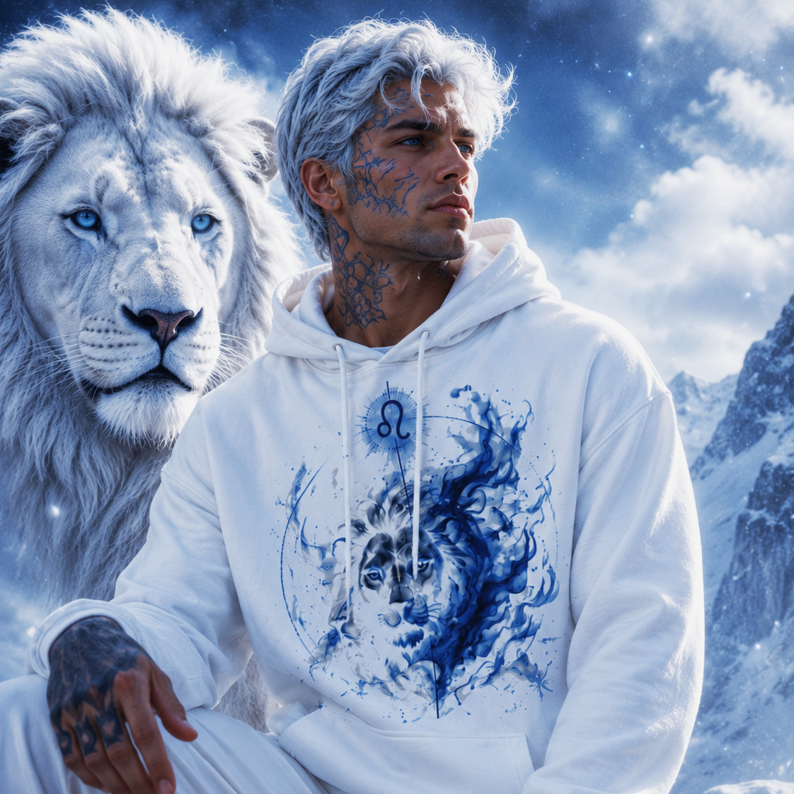 Hombre vistiendo sudadera blanca Leo Fantasmal colección Astrálisis