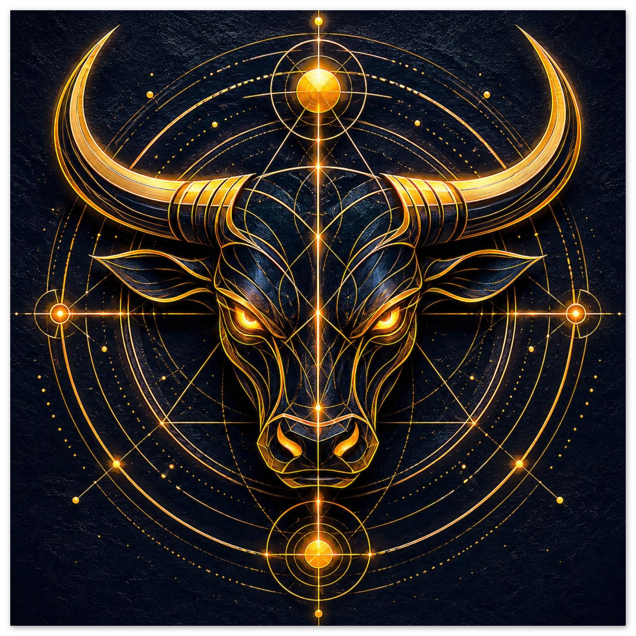 Arte mural Toro Dorado de Astrálisis decorando un espacio moderno con iluminación cálida.