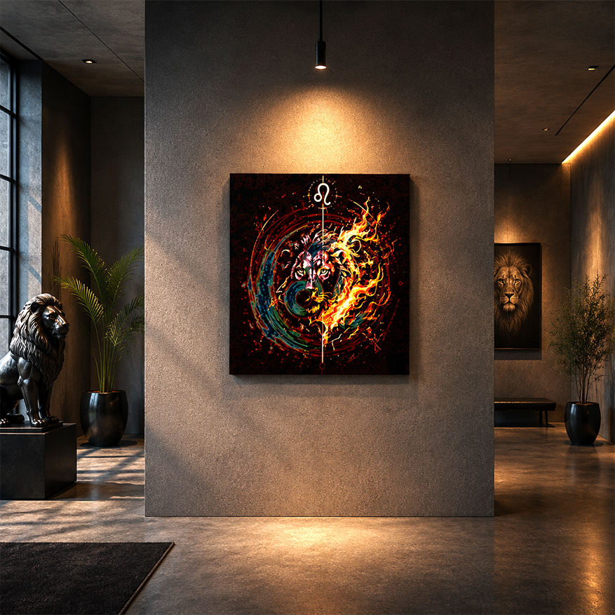 Obra mural Leo y Símbolo en Llamas instalada en espacio moderno de diseño elegante