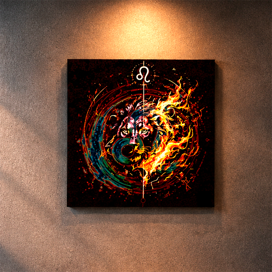 Canvas Fine Art Leo y Símbolo en Llamas exhibido en interior contemporáneo con iluminación cálida y decoración premium