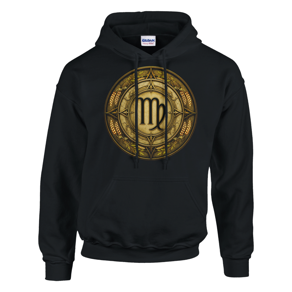Hoodie negro Virgo Fertilidad con ilustración frontal exclusiva inspirada en la abundancia y el signo de Virgo.