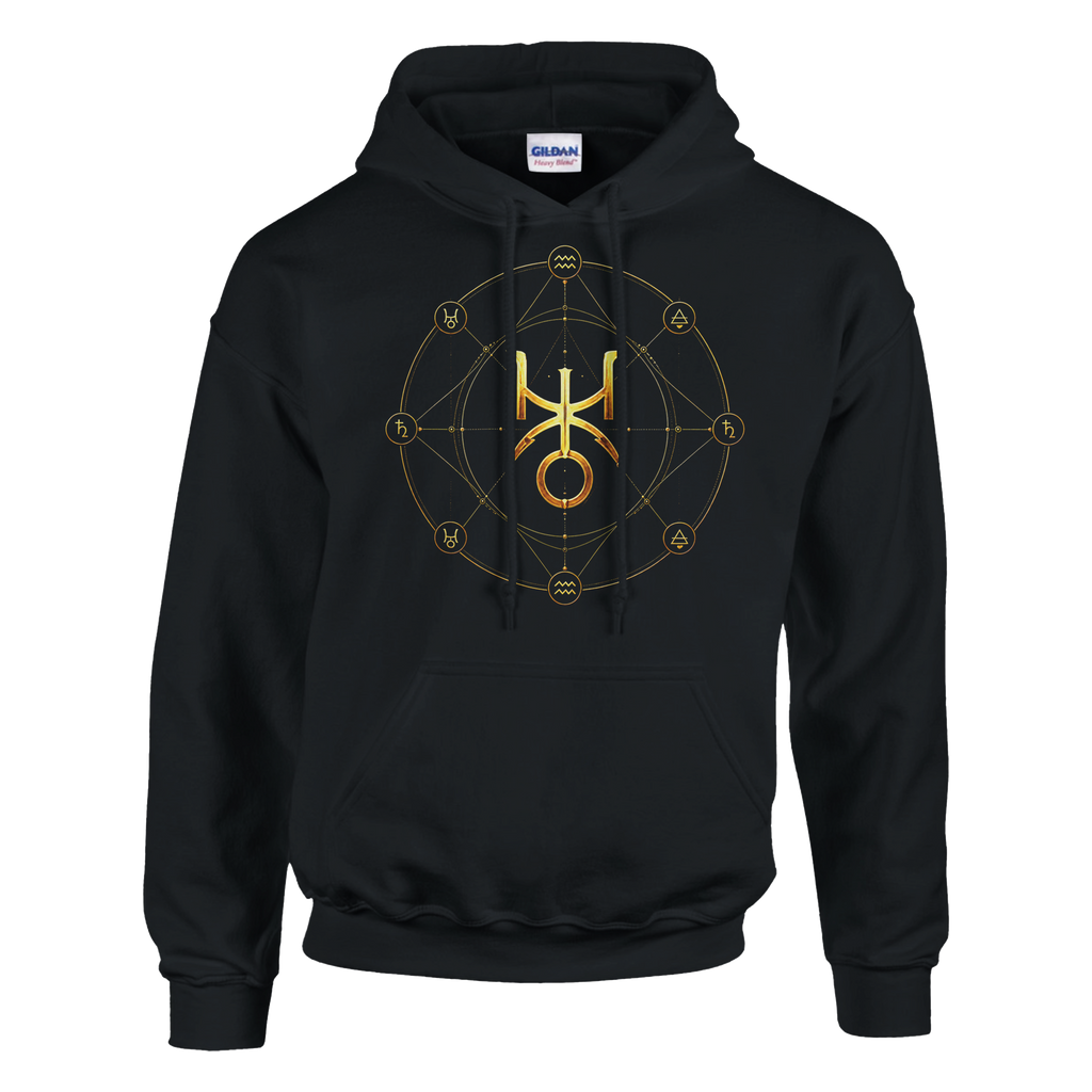 Sudadera negra con símbolo de Urano y diseño minimalista dorado