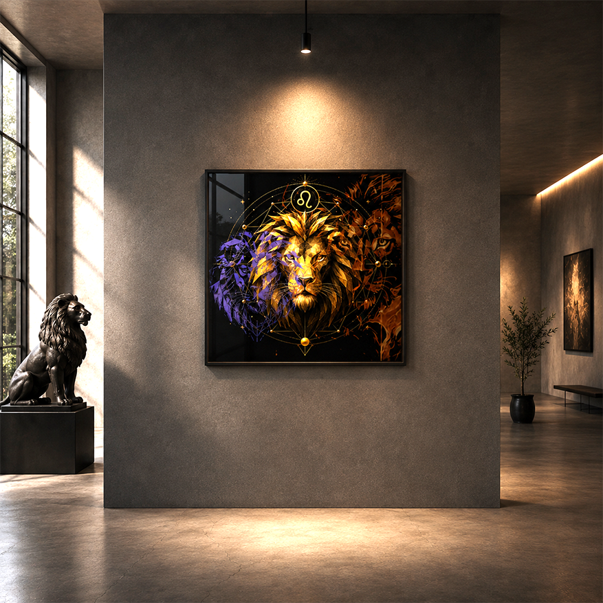 Poster Fine Art Leo en Tres Dimensiones exhibido en galería contemporánea con iluminación arquitectónica y escultura de león